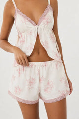 Bella Notte Ekru Pembe Çiçek Desenli Dantel Detaylı Bağlamalı Şortlu Pijama Takımı 79339 - Ekru