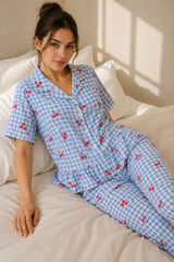 Bella Notte Kadın Mavi Pötikare Kiraz Desenli Fırfırlı Pijama Takımı 61239 - Mavi