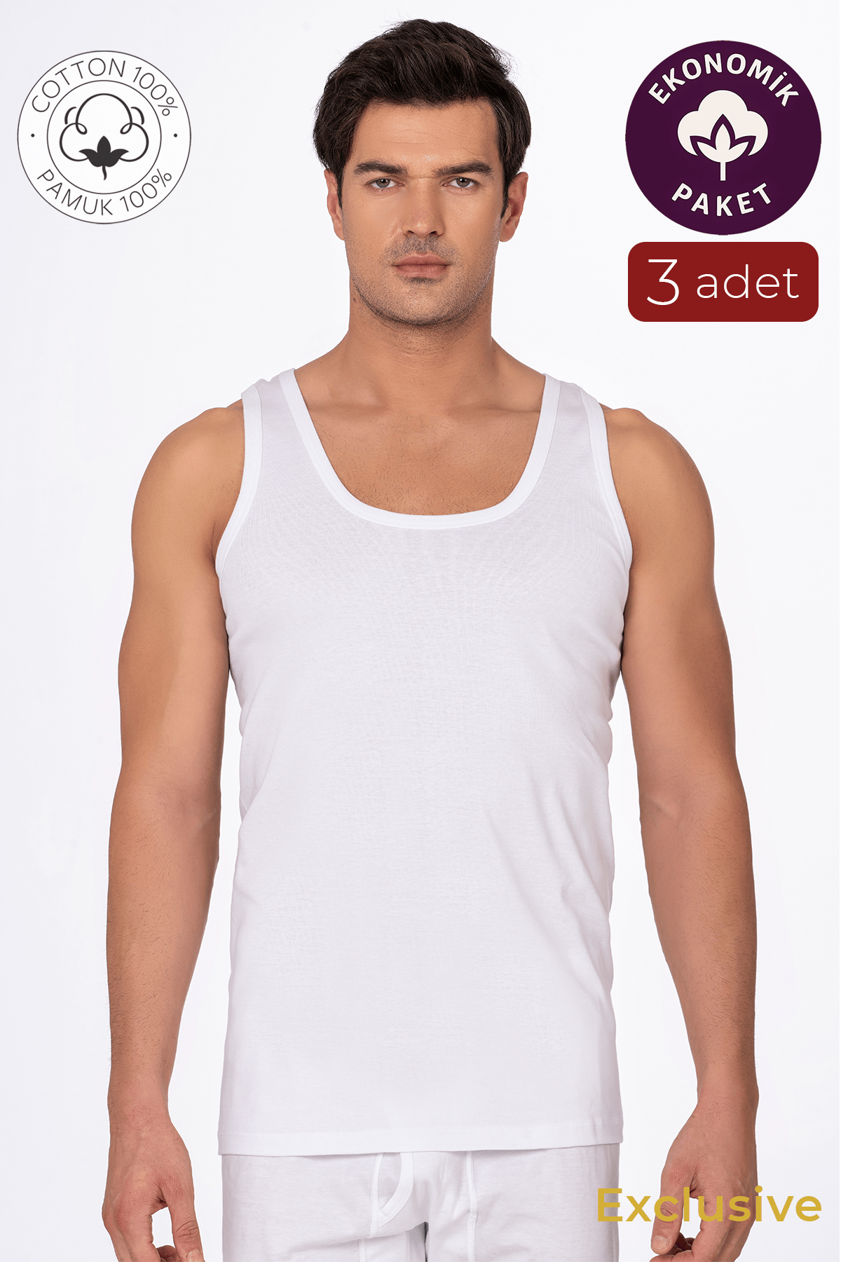 3'lü Paket Pamuklu Süprem Kalın Askılı Klasik Erkek Atlet | Beyaz K0050