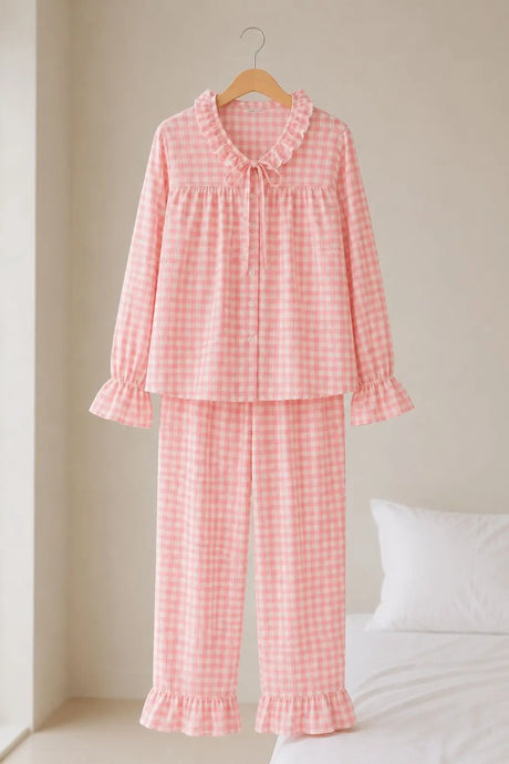 Bella Notte Pembe Beyaz Pötikare Fırfır Yaka Bağlama Detaylı Uzun Kollu Pijama Takımı 61253 - Pembe