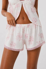 Bella Notte Ekru Pembe Çiçek Desenli Dantel Detaylı Bağlamalı Şortlu Pijama Takımı 79339 - Ekru