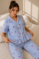 Bella Notte Kadın Mavi Pötikare Kiraz Desenli Fırfırlı Pijama Takımı 61239 - Mavi