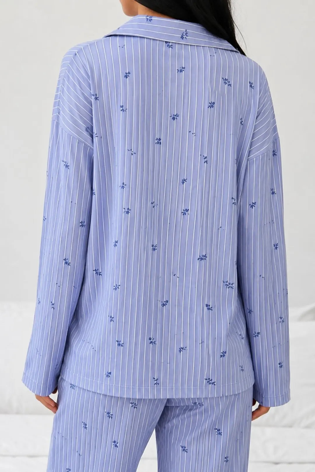 Bella Notte Mavi Çiçek Desenli Belmando Dokuma Uzun Kollu Düğmeli Pijama Takımı 61305 - Mavi