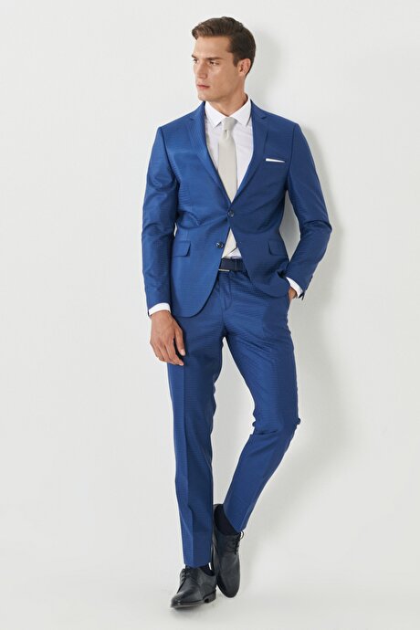 Ekstra Slim Fit Dar Kesim Mono Yaka Kareli Klasik Mavi Takım Elbise