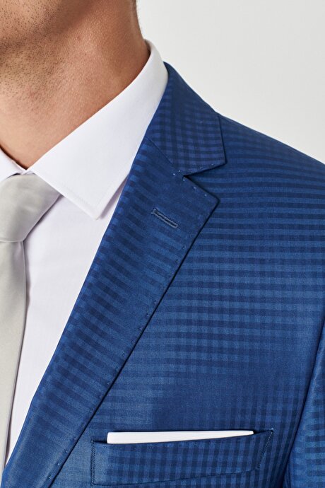 Ekstra Slim Fit Dar Kesim Mono Yaka Kareli Klasik Mavi Takım Elbise