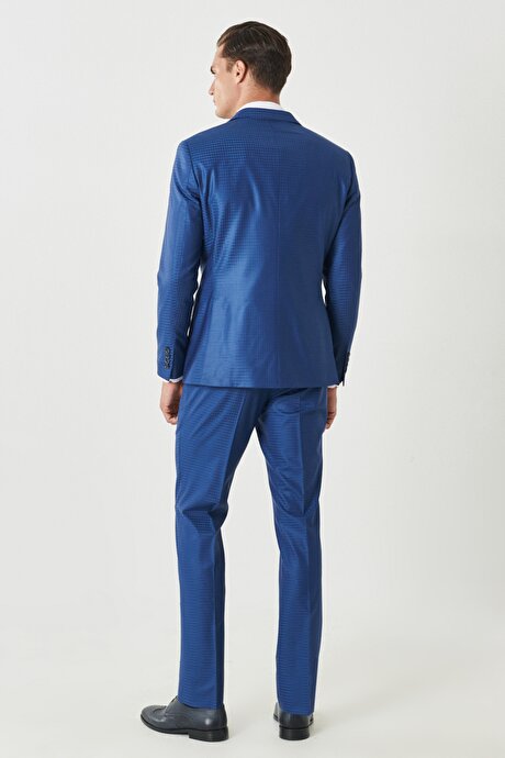 Ekstra Slim Fit Dar Kesim Mono Yaka Kareli Klasik Mavi Takım Elbise