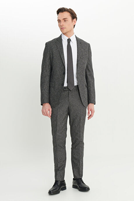 Slim Fit Mono Yaka Kapak Cepli Tweet Desenli Esnek Siyah-Gri Takım Elbise