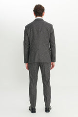 Slim Fit Mono Yaka Kapak Cepli Tweet Desenli Esnek Siyah-Gri Takım Elbise
