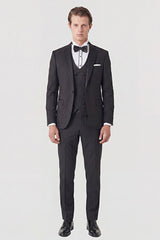 Slim Fit Dar Kesim Mono Yaka Desenli Siyah Smokin Takım