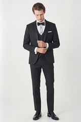 Slim Fit Dar Kesim Mono Yaka Desenli Siyah Smokin Takım