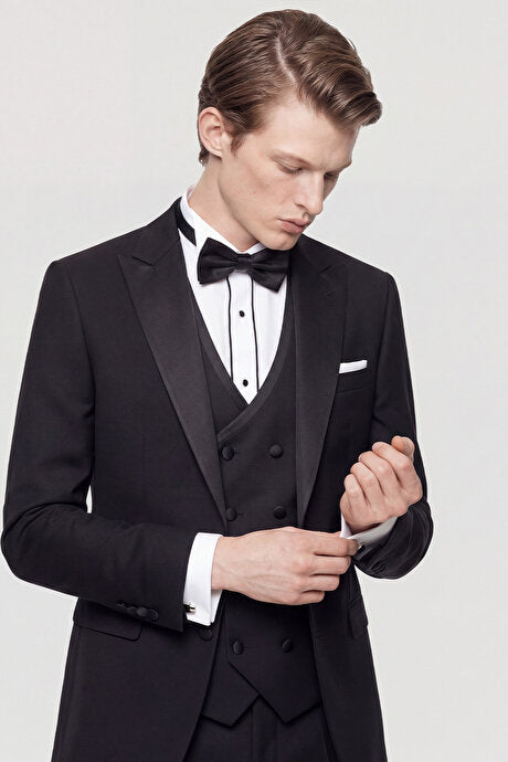 Slim Fit Dar Kesim Mono Yaka Desenli Siyah Smokin Takım