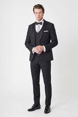 Slim Fit Dar Kesim Mono Yaka Desenli Siyah Smokin Takım
