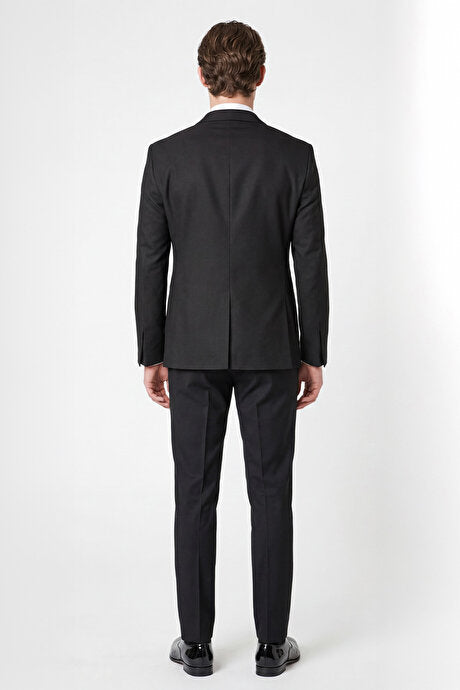 Slim Fit Dar Kesim Mono Yaka Desenli Siyah Smokin Takım