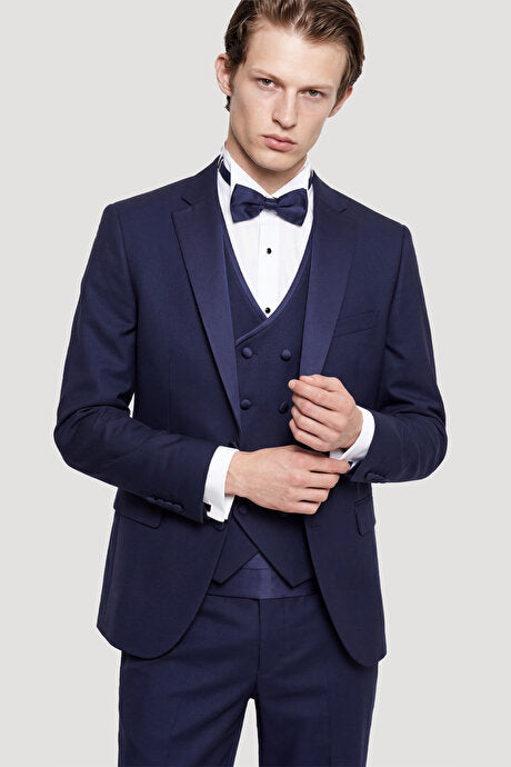 Slim Fit Dar Kesim Mono Yaka Desenli Lacivert Smokin Takım