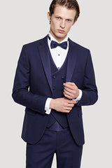Slim Fit Dar Kesim Mono Yaka Desenli Lacivert Smokin Takım