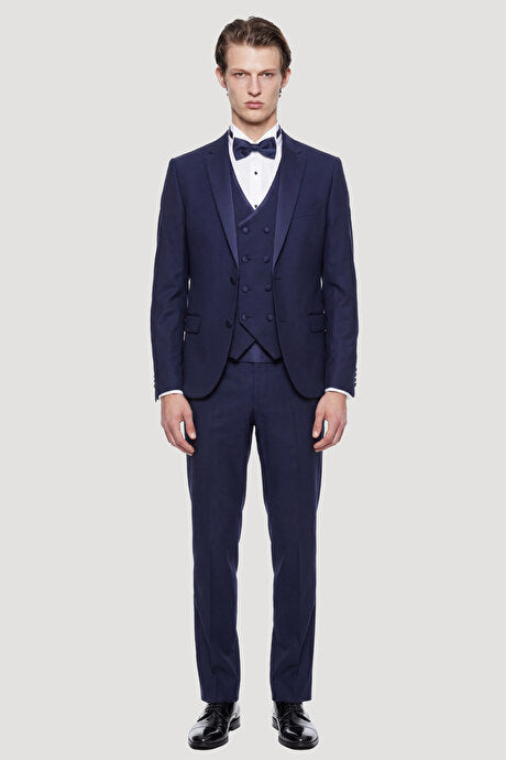 Slim Fit Dar Kesim Mono Yaka Desenli Lacivert Smokin Takım