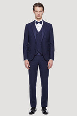 Slim Fit Dar Kesim Mono Yaka Desenli Lacivert Smokin Takım