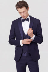 Slim Fit Dar Kesim Mono Yaka Desenli Lacivert Smokin Takım