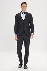Slim Fit Dar Kesim Kırlangıç Yaka Desenli Yelekli Klasik Siyah Smokin Takım