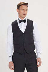 Slim Fit Dar Kesim Kırlangıç Yaka Desenli Yelekli Klasik Siyah Smokin Takım