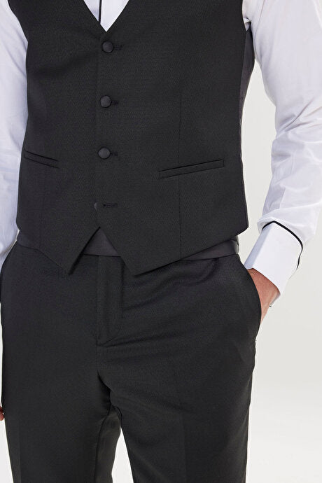 Slim Fit Dar Kesim Kırlangıç Yaka Desenli Yelekli Klasik Siyah Smokin Takım