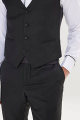 Slim Fit Dar Kesim Kırlangıç Yaka Desenli Yelekli Klasik Siyah Smokin Takım
