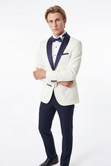 Slim Fit Dar Kesim Mono Yaka Desenli Beyaz-Lacivert Smokin Takım