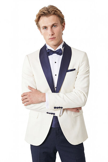 Slim Fit Dar Kesim Mono Yaka Desenli Beyaz-Lacivert Smokin Takım