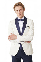 Slim Fit Dar Kesim Mono Yaka Desenli Beyaz-Lacivert Smokin Takım