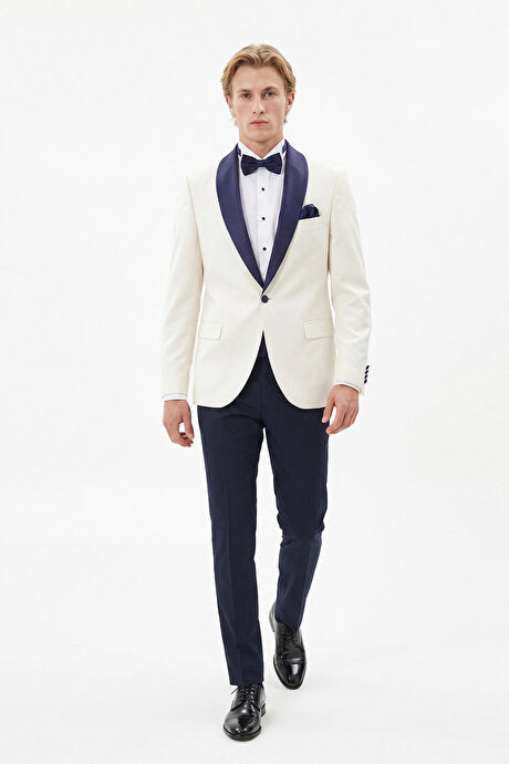 Slim Fit Dar Kesim Mono Yaka Desenli Beyaz-Lacivert Smokin Takım