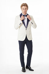 Slim Fit Dar Kesim Mono Yaka Desenli Beyaz-Lacivert Smokin Takım