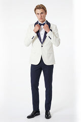 Slim Fit Dar Kesim Mono Yaka Desenli Beyaz-Lacivert Smokin Takım