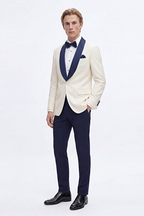 Slim Fit Dar Kesim Mono Yaka Desenli Beyaz-Lacivert Smokin Takım