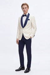 Slim Fit Dar Kesim Mono Yaka Desenli Beyaz-Lacivert Smokin Takım