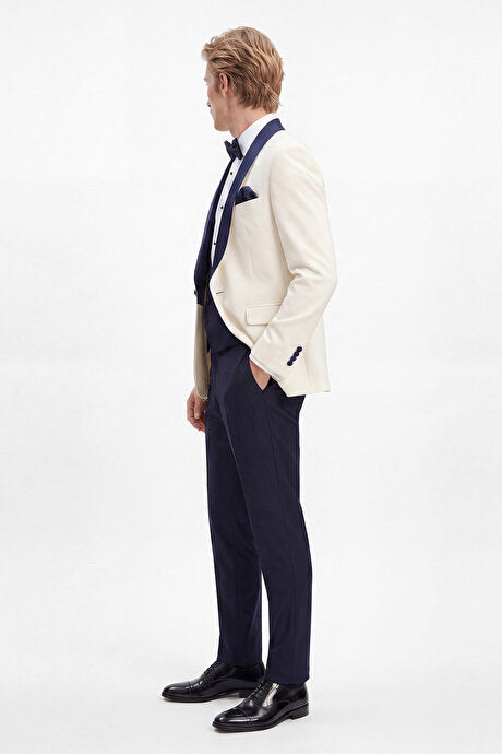 Slim Fit Dar Kesim Mono Yaka Desenli Beyaz-Lacivert Smokin Takım