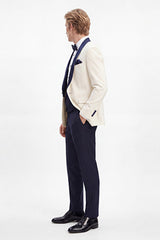 Slim Fit Dar Kesim Mono Yaka Desenli Beyaz-Lacivert Smokin Takım