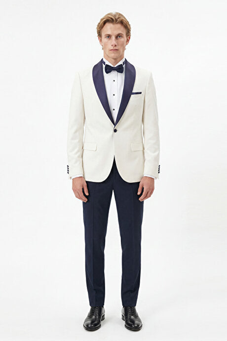 Slim Fit Dar Kesim Mono Yaka Desenli Beyaz-Lacivert Smokin Takım