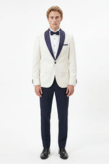 Slim Fit Dar Kesim Mono Yaka Desenli Beyaz-Lacivert Smokin Takım