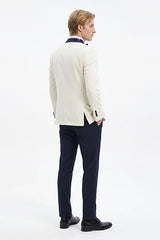 Slim Fit Dar Kesim Mono Yaka Desenli Beyaz-Lacivert Smokin Takım