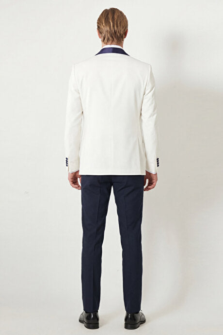 Slim Fit Dar Kesim Mono Yaka Desenli Beyaz-Lacivert Smokin Takım