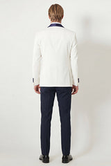 Slim Fit Dar Kesim Mono Yaka Desenli Beyaz-Lacivert Smokin Takım