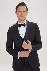 Slim Fit Dar Kesim Kırlangıç Yaka Balıksırtı Desenli Siyah Smokin Takım