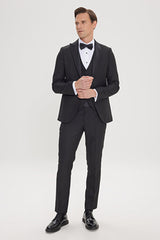 Slim Fit Dar Kesim Kırlangıç Yaka Balıksırtı Desenli Siyah Smokin Takım