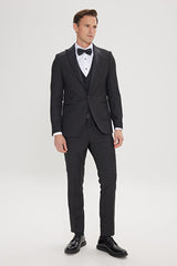Slim Fit Dar Kesim Kırlangıç Yaka Balıksırtı Desenli Siyah Smokin Takım