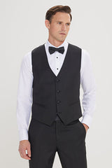 Slim Fit Dar Kesim Kırlangıç Yaka Balıksırtı Desenli Siyah Smokin Takım