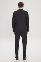 Slim Fit Dar Kesim Kırlangıç Yaka Balıksırtı Desenli Siyah Smokin Takım