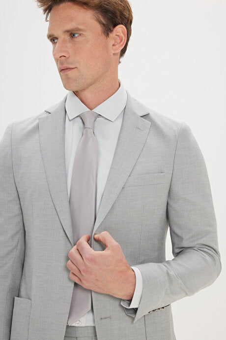 Slim Fit Dar Kesim Mono Yaka Desenli Yünlü Haki Takım Elbise