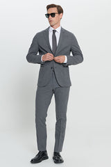 Slim Fit Dar Kesim Mono Yaka Yünlü Gri Takım Elbise