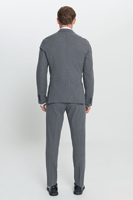 Slim Fit Dar Kesim Mono Yaka Yünlü Gri Takım Elbise
