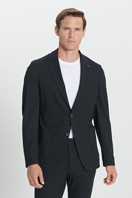 Slim Fit Dar Kesim Mono Yaka Yünlü Siyah Takım Elbise